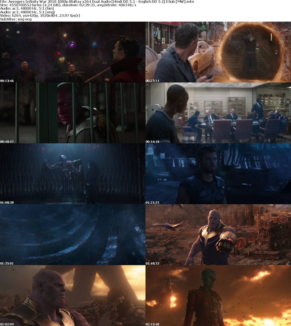 Avengers Infinity War (2018) 1080p BluRay x264 Dual Audio Hindi DD 5.1 - English DD 5.1 ESub MW